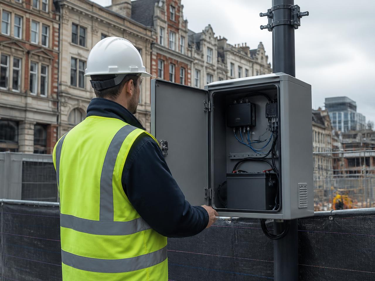 Field engineer checking power and communications inside a monitoring cabinet at a city site boundary