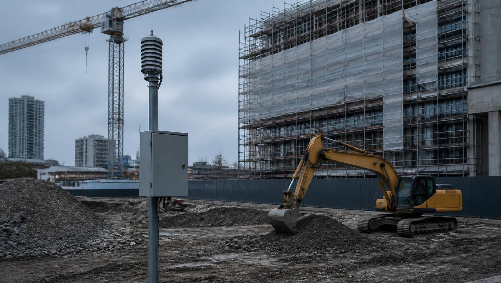 Environmental monitoring enclosure installed on a pole at an active UK construction site
